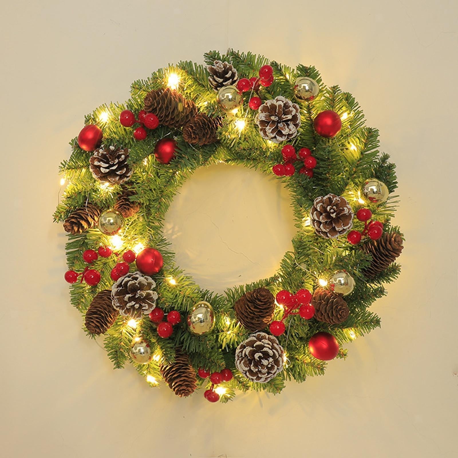 Christmas Wreath with Lights Xmas Wreath Garland with Pinecones Hanging Winter