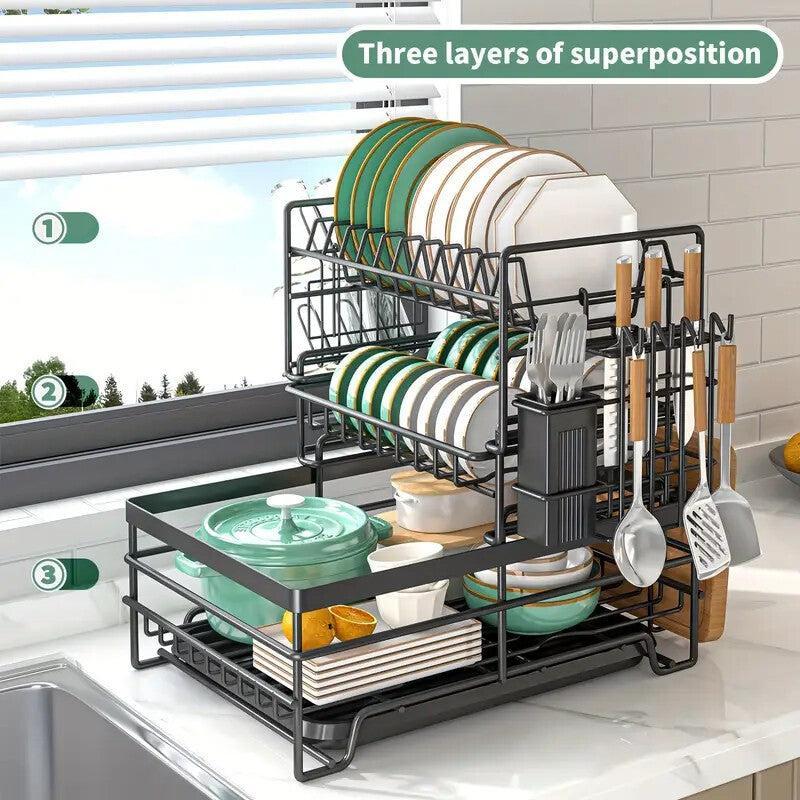 3 Tier Dish Drainer Rack with Drip Tray Cutlery Holder Plate Racks Kitchen Sink