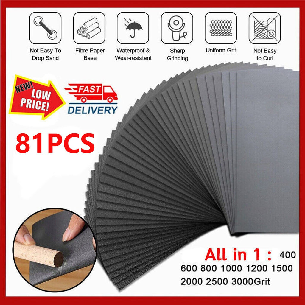 81Pcs Assorted Sanding Wet and Dry Waterproof Sandpaper Sander Paper Tool UK