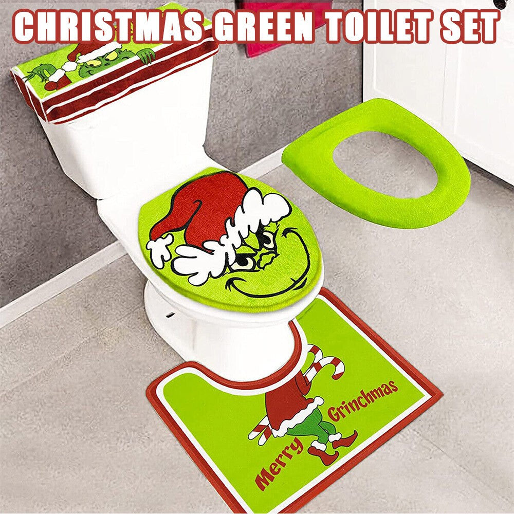 4PCS/Set Christmas Grinchs Decor Bathroom Toilet Pad Seat Cover-Rug for Bathroom