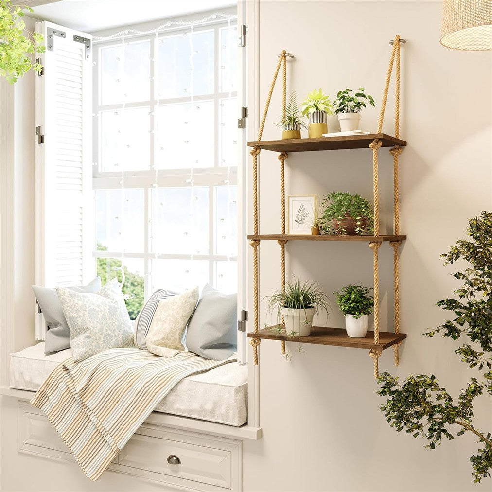 3 Tiers Boho Hanging Wall Shelves Swing Rope Floating Shelf Window Plant Hanger