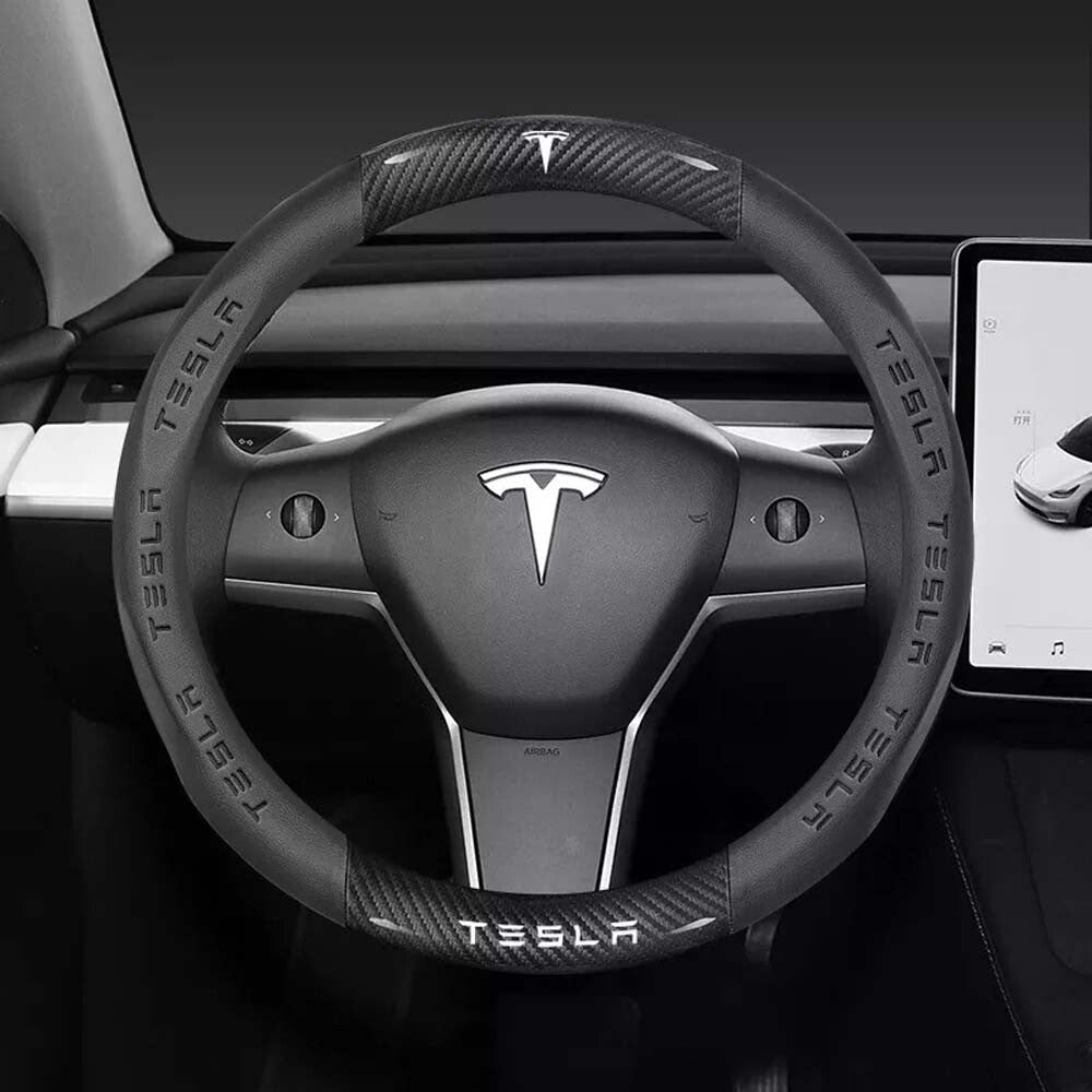 For Tesla Model 3Y Round Type Carbon Fiber Leather Car Steering Wheel Cover1 ~~~