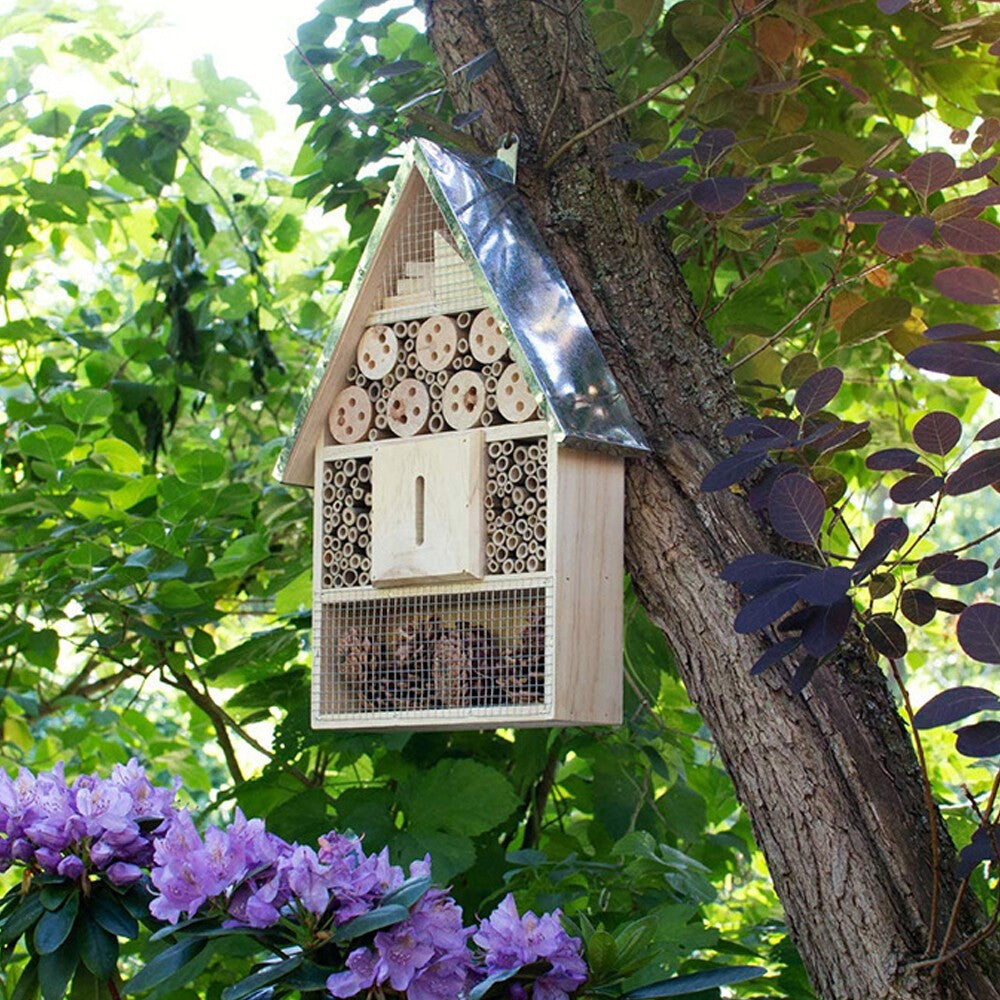 Wooden Insect Hotel Metal Roof Nesting Home Bee Keeping Bug Garden Ladybird Box