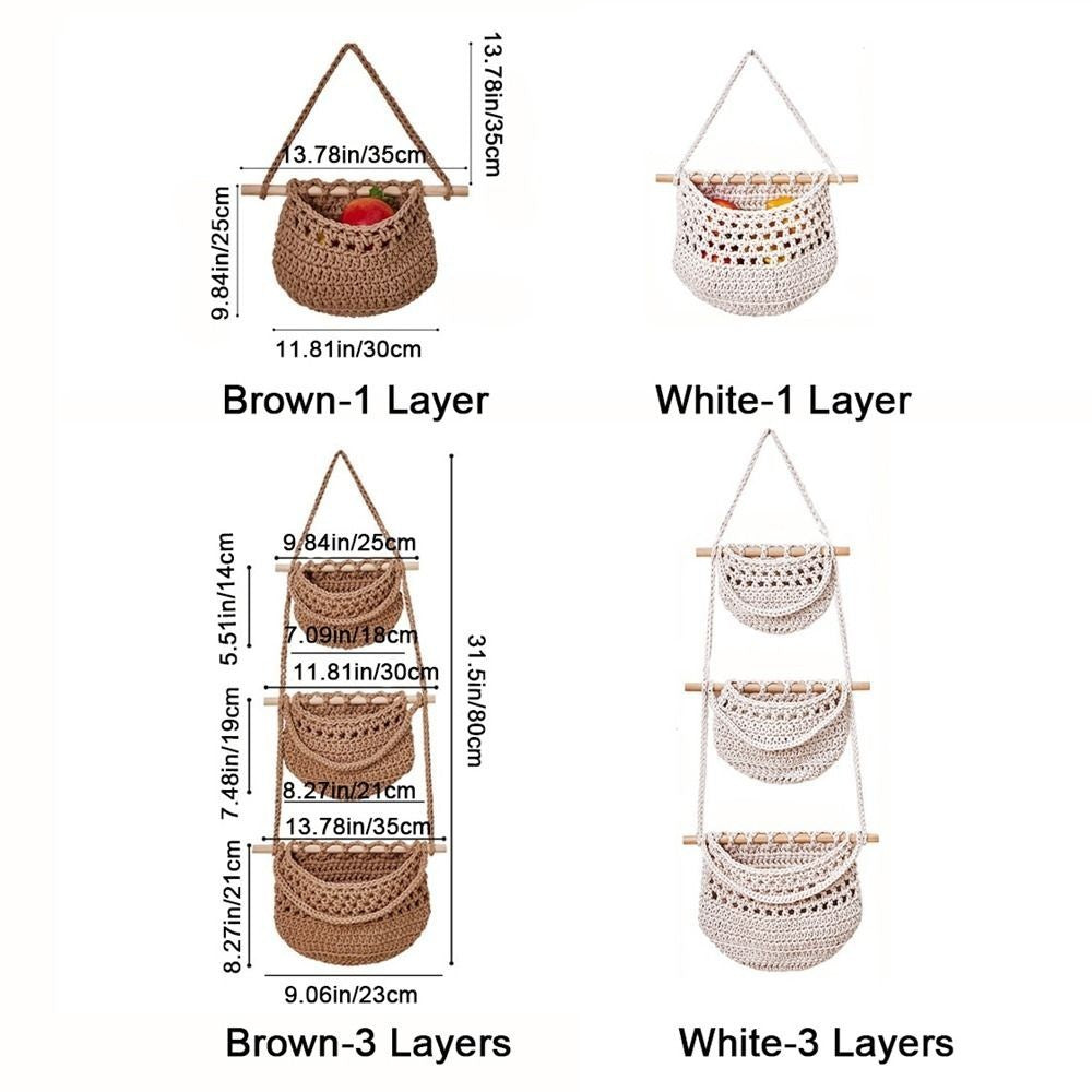 1/3-Tier Macrame Fruit Hammock Storage Basket Hanging Vegetable Holder Pockets