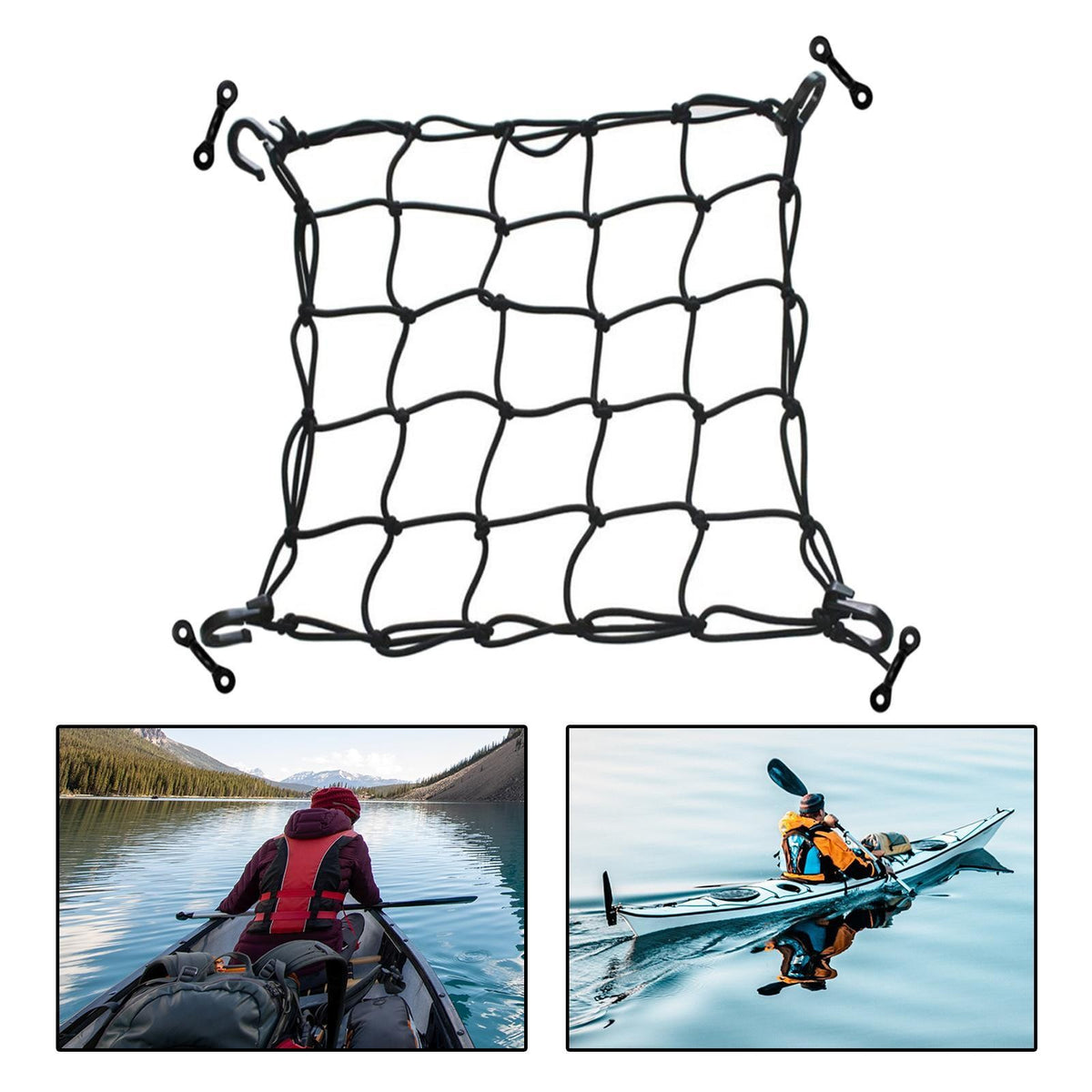 15"x15" Deck Cargo Net Kayak for Canoe Boat Lashing Hooks Bungee Fishing
