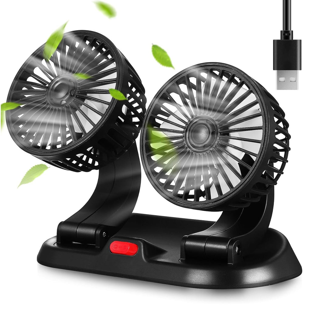 Dual Head USB Car Fan Portable Vehicle Truck 360° Rotatable Auto Cooling Cooler