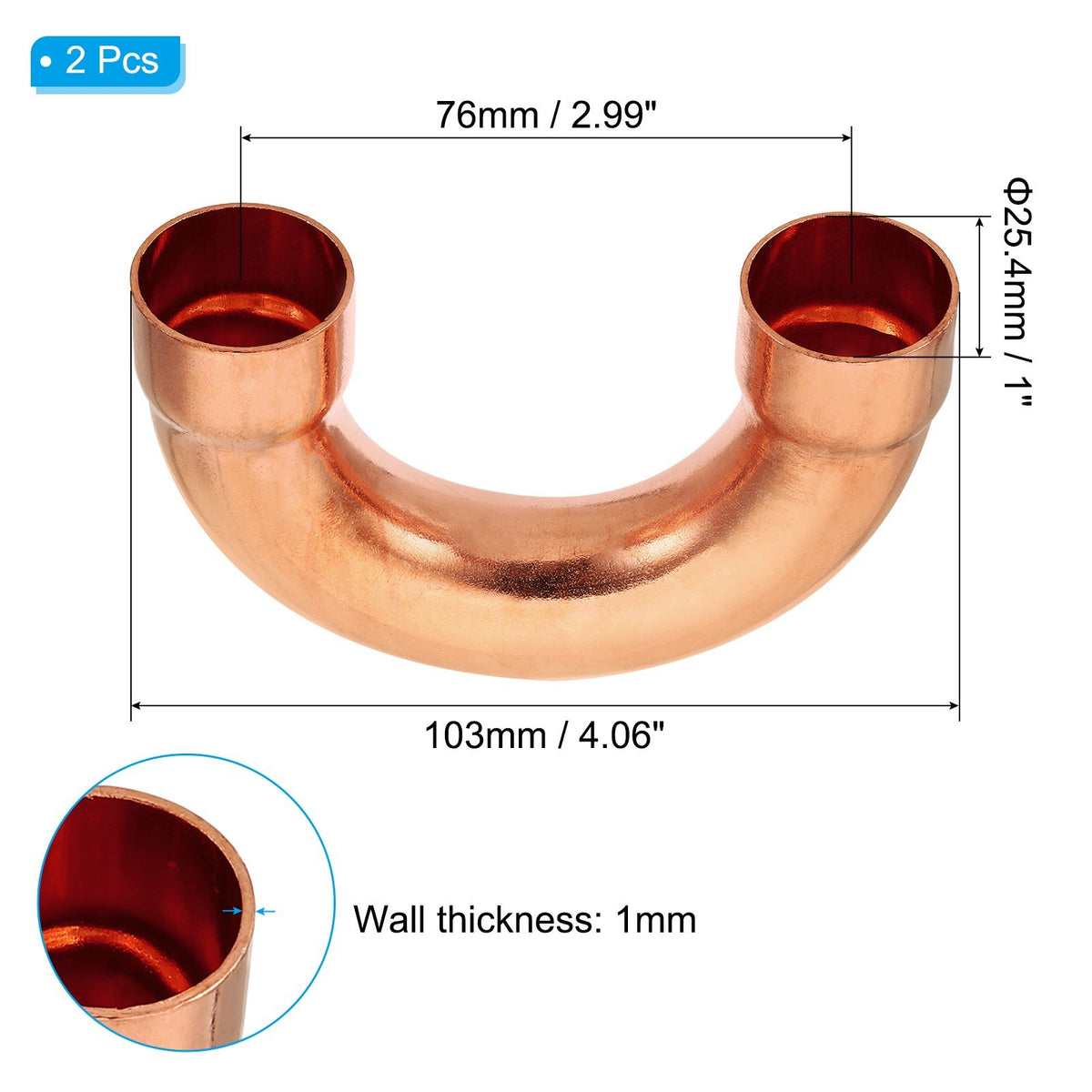 1 Inch ID Copper Pipe Fittings, 2 Pcs 180 Degree Return Bend Copper Pipe