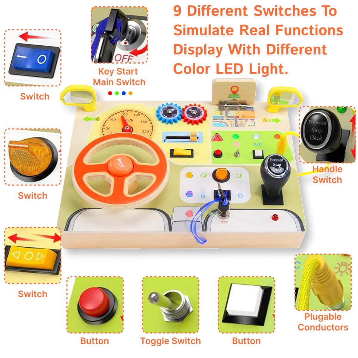 Montessori Simulated Car Driving Wheel Busy Board Sensory Toys with Light Switch