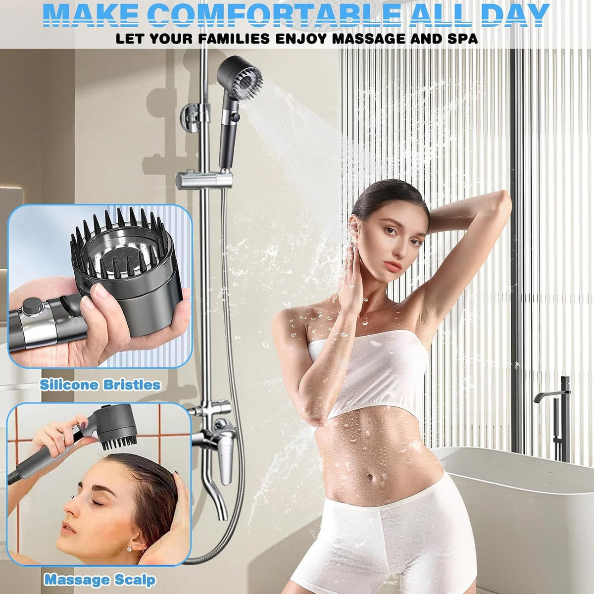 3 Modes Shower Head with Filter High Pressure Water Saving Massage Scalp