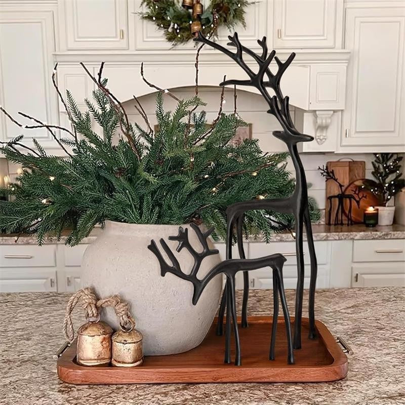 Set of 2 Black Reindeer Statues - Modern Xmas Figurines - Elegant Indoor Holiday