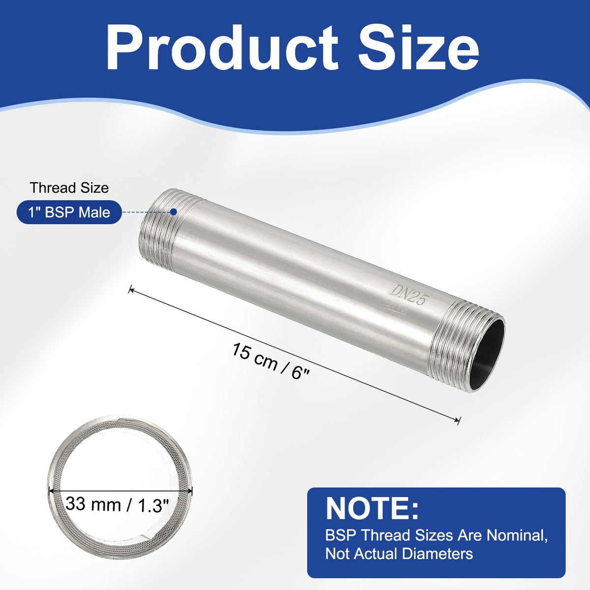 2pcs Stainless Steel Pipe Fitting 1" BSP Male x 1" BSP Male Threaded 6" Long