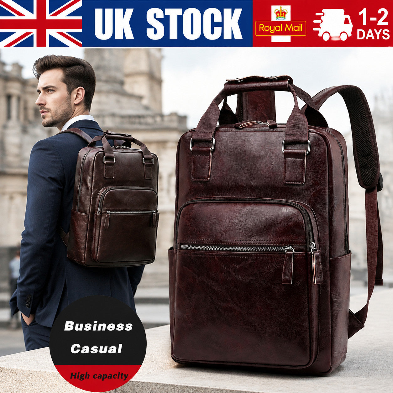 Men's Office Backpack 17" Laptop PU Leather Business Bag Work Travel Daypack