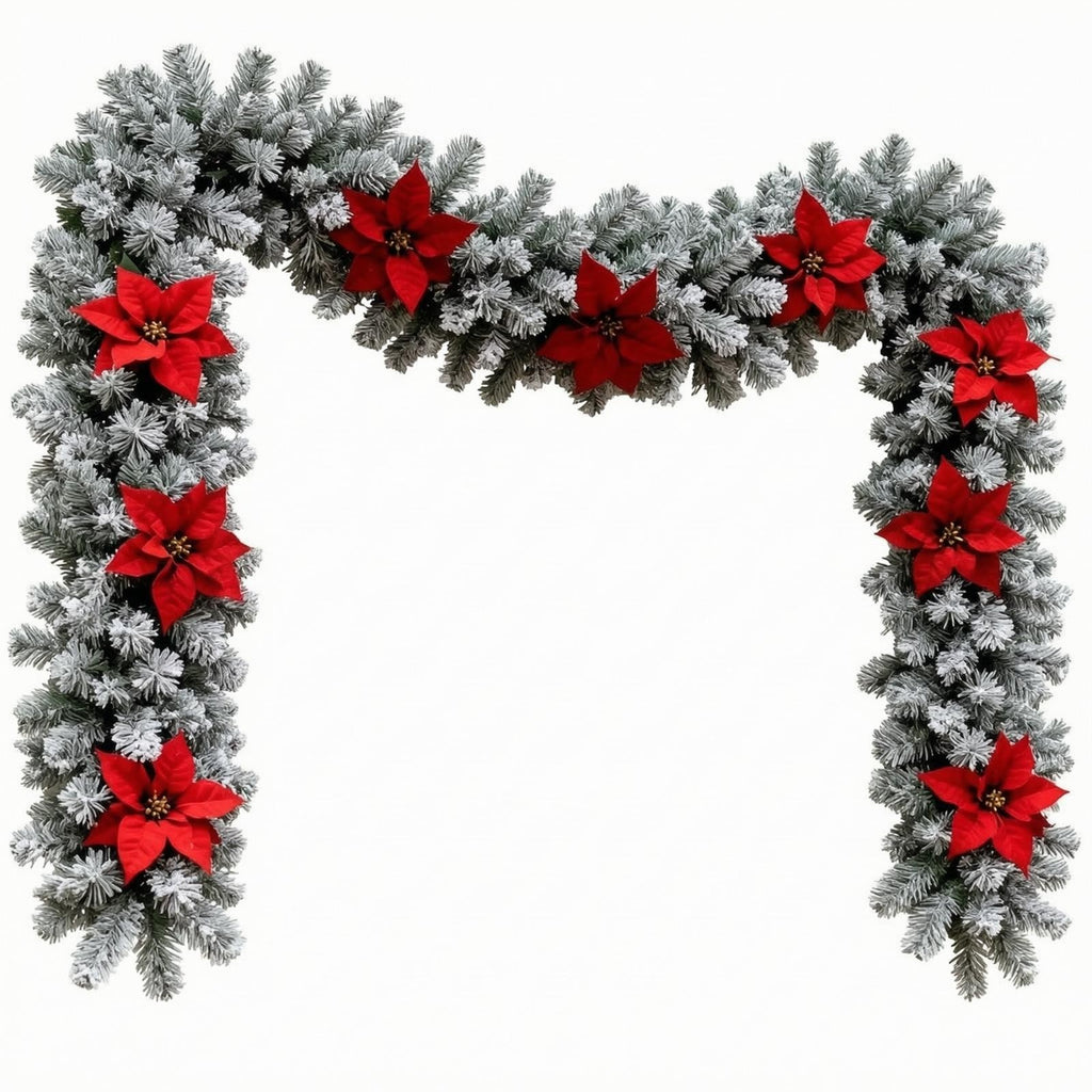 Fir Garland with Poinsettias Winter Decorations Flexible for Mantel