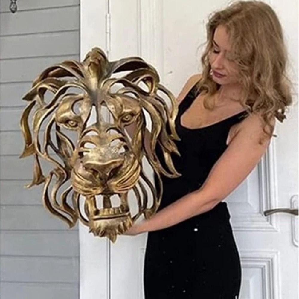 Luxury Gold Lion Head Wall Mount Sculpture Home Indoor Art Decor Ornament