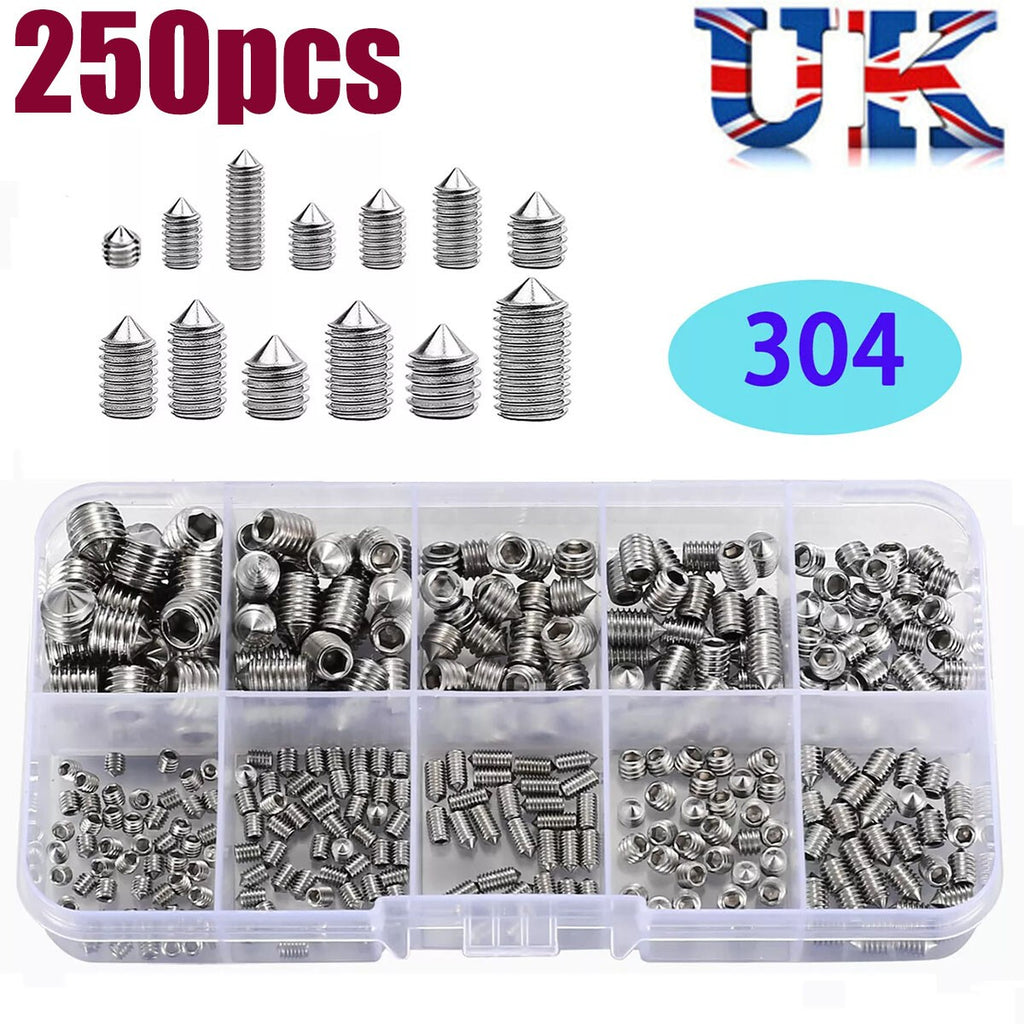 250Pcs A2 Cone Point Grub Screws M3 M4 M5 M6 M8 Hex Socket Set Screw Box Set UK