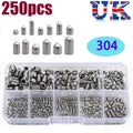 250Pcs A2 Cone Point Grub Screws M3 M4 M5 M6 M8 Hex Socket Set Screw Box Set UK
