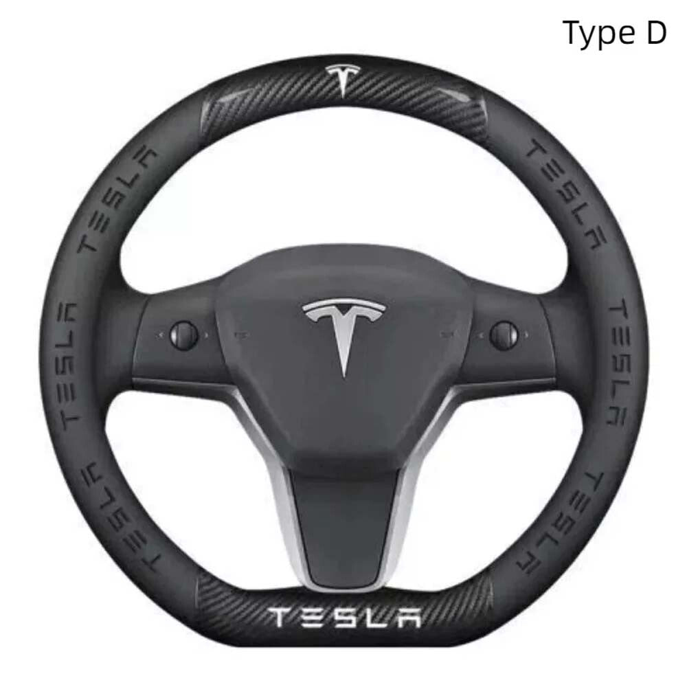 For Tesla Model 3Y Round Type Carbon Fiber Leather Car Steering Wheel Cover1 ~~~