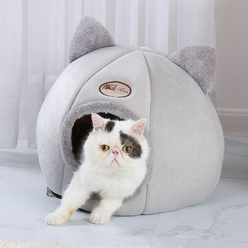 Large Cat Bed Cave Small Wool Cozy Pet Igloo Bed Winter House Nest Kennel Grey
