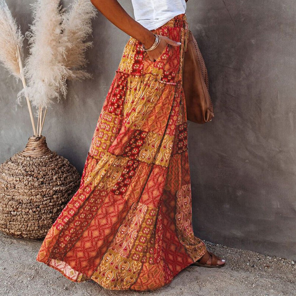 Women Bohemian High Waist Long Skirt Ladies Holiday Swing Baggy Boho Maxi Skirts