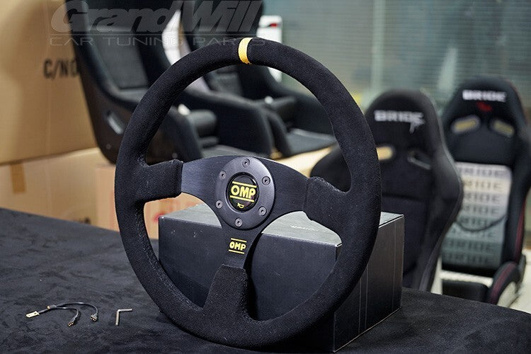 350mm 14' OMP Genuine Suede Leather Black Stitching Flat Sport Steering Wheel