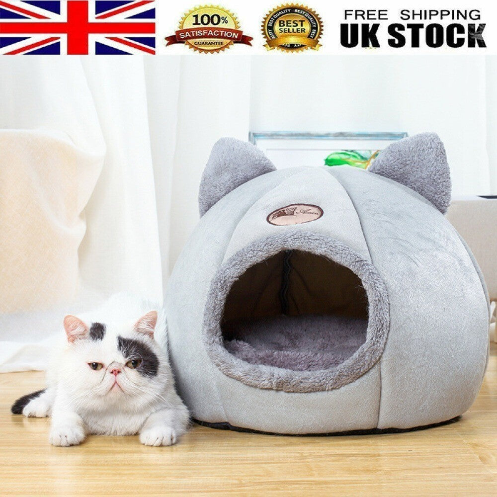 Large Cat Bed Cave Small Wool Cozy Pet Igloo Bed Winter House Nest Kennel Grey