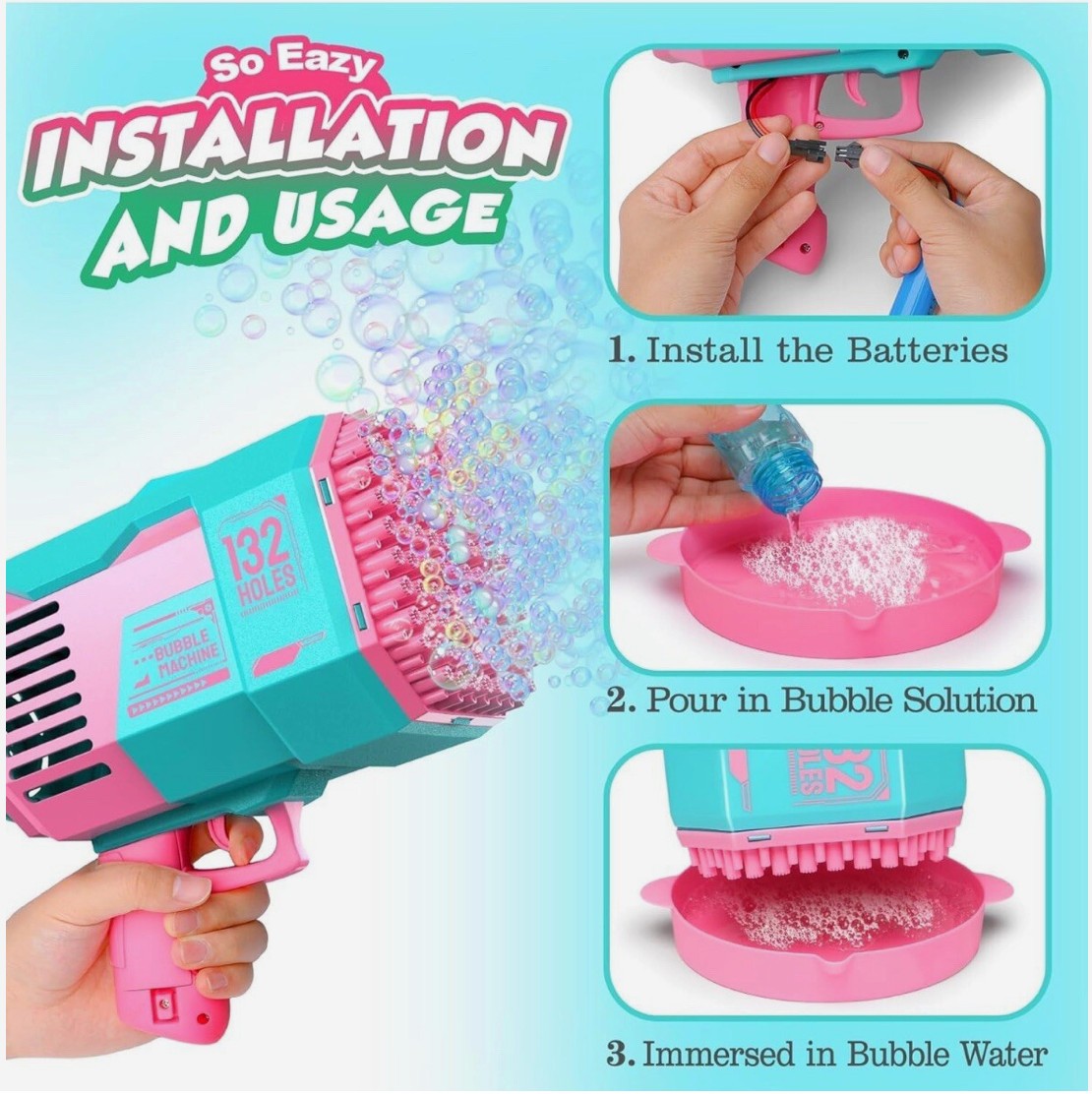 132 Holes Bubble Machine Gun For Kids With Bubble Liquid Indoor Outdoor Toy