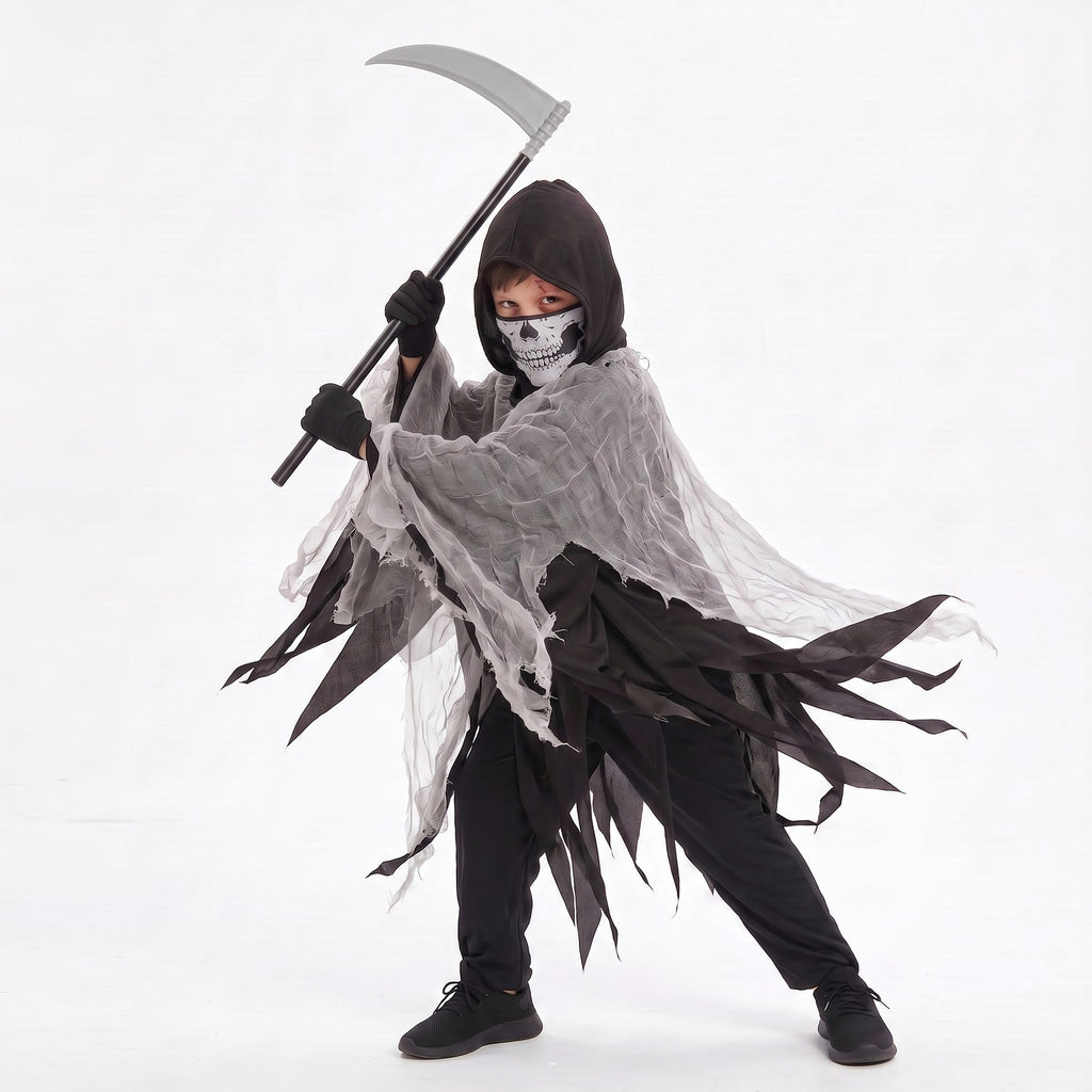2026 New Kids' Death God Costume Mesh Hooded Cape Mask Gloves and Scythe Set UK