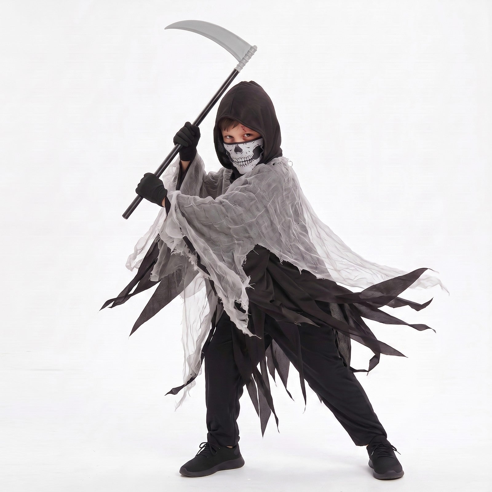 2026 New Kids' Death God Costume Mesh Hooded Cape Mask Gloves and Scythe Set UK