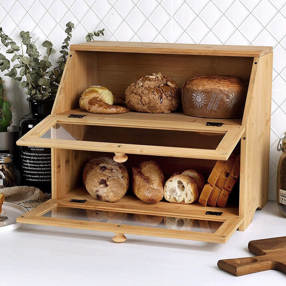2 Tier Bamboo Bread Bin Double Layer Kitchen Storage Container Loaf Bread Box UK
