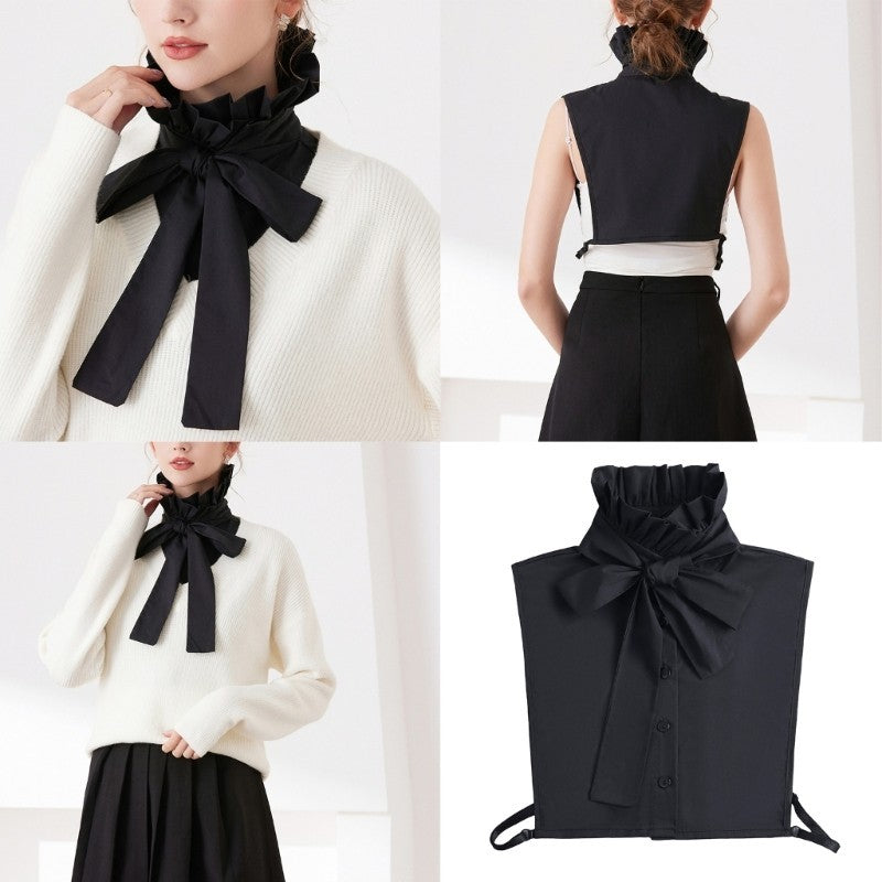 Detachable Faux Collar with Elegant Bows Tie Ruffle Half Shirt for Party Dresses