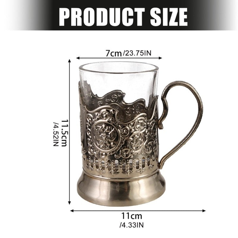 Russian Podstakannik Set Crystal Hot Tea Glasses with Glass Holders Drinkware