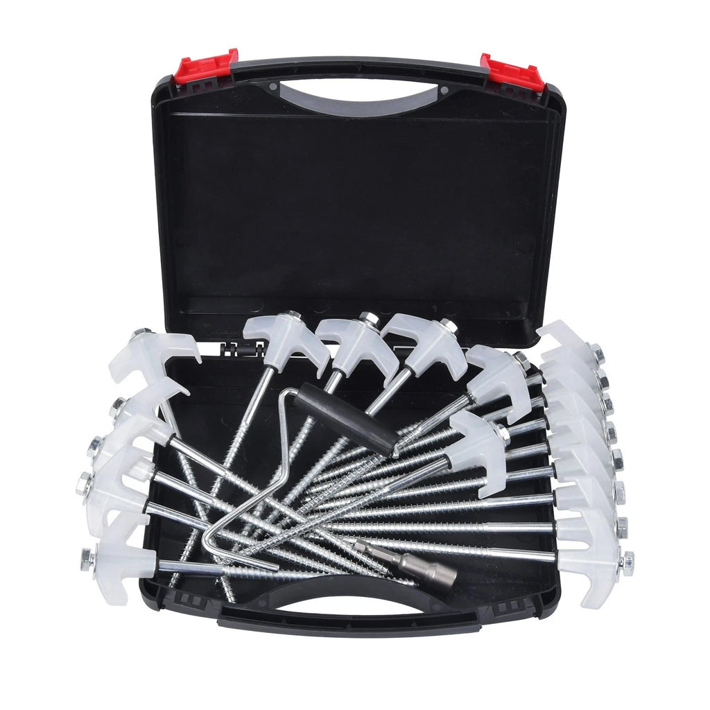 20x Pegs Screw In Drill Top Heavy Duty Ground Pegs In Case Awning Tent Pegs Set