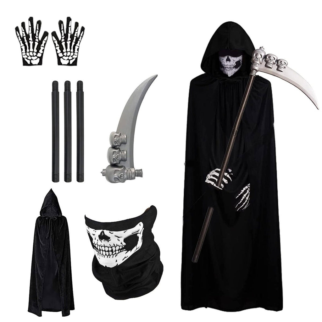 2026 New Adult Grim Reaper Costume Black Hooded Cloak Mask Gloves Scythe Set UK