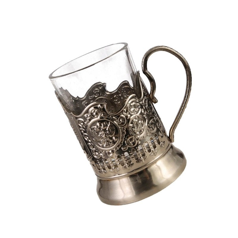 Russian Podstakannik Set Crystal Hot Tea Glasses with Glass Holders Drinkware