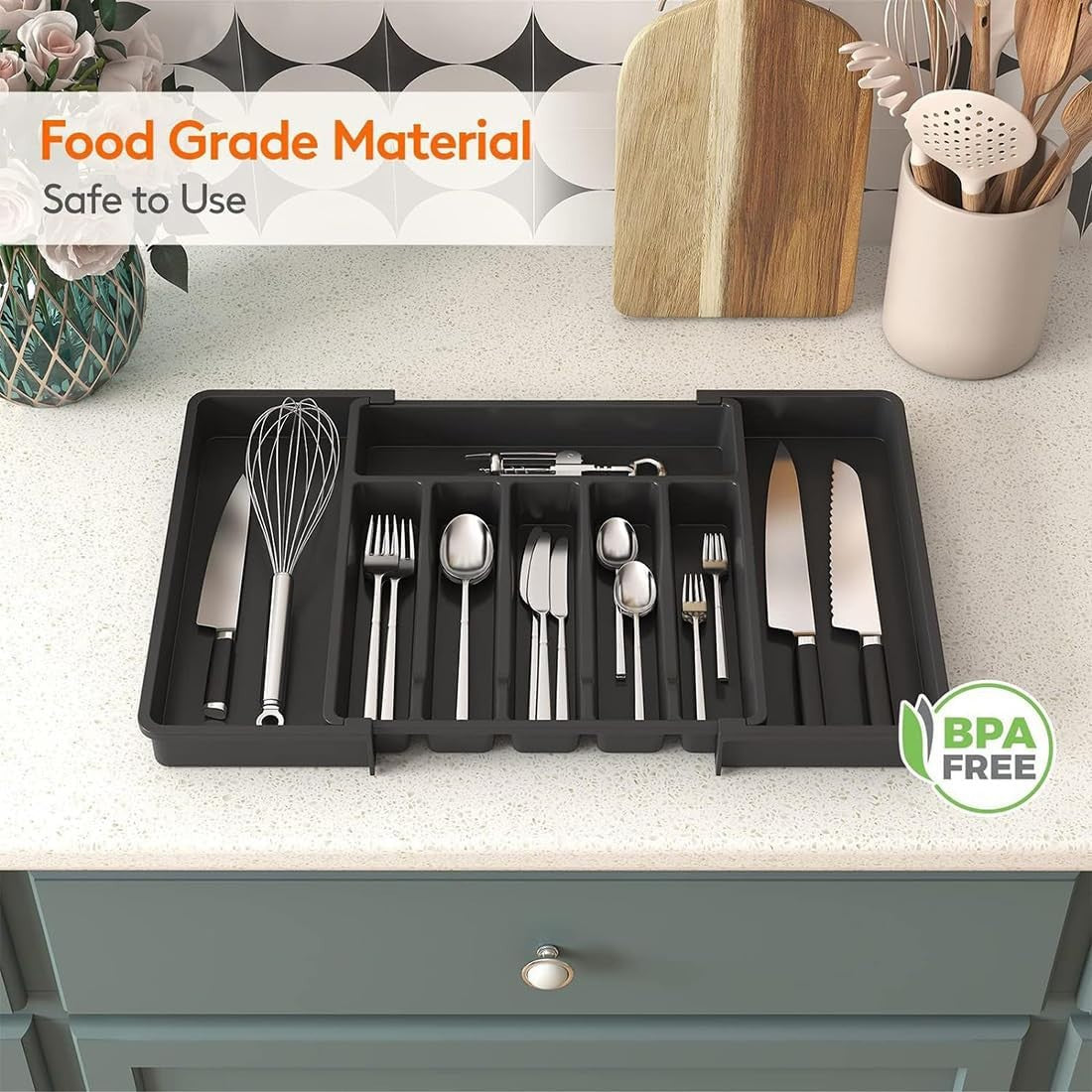 8-Section Extendable Plastic Cutlery Tray Kitchen Drawer Insert Organiser Holder