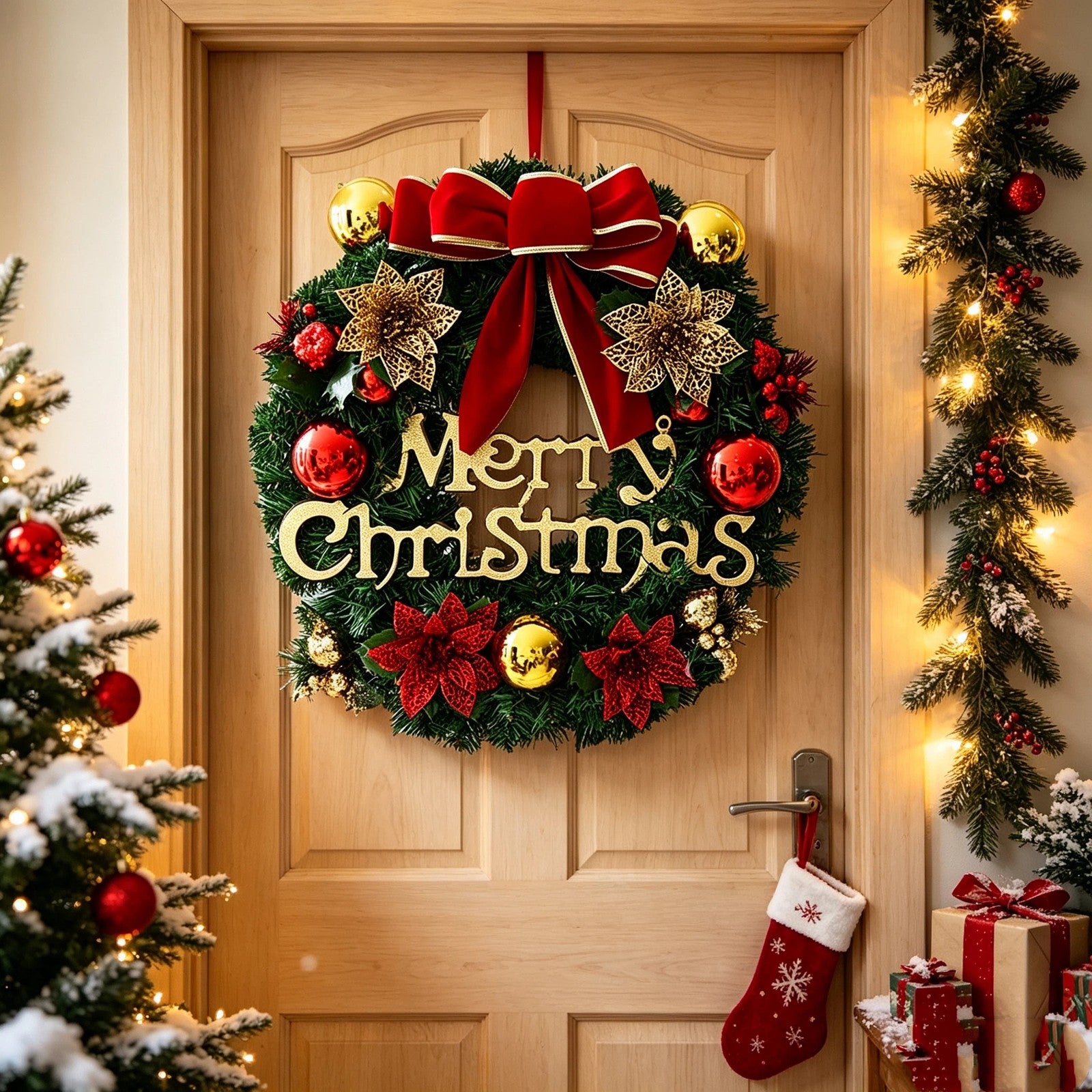 30CM Christmas Wreath With Bow Front Door Wreath Garland Xmas Hanging Decor UK