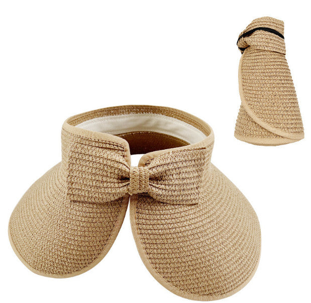 Foldable Bow Decor Sun Visor Wide Brim UV Protection Straw Hat