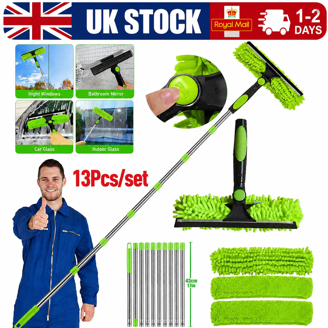 Telescopic Extendable Window Cleaner Equipment Glass Cleaning 4.5m Squeegee Tool