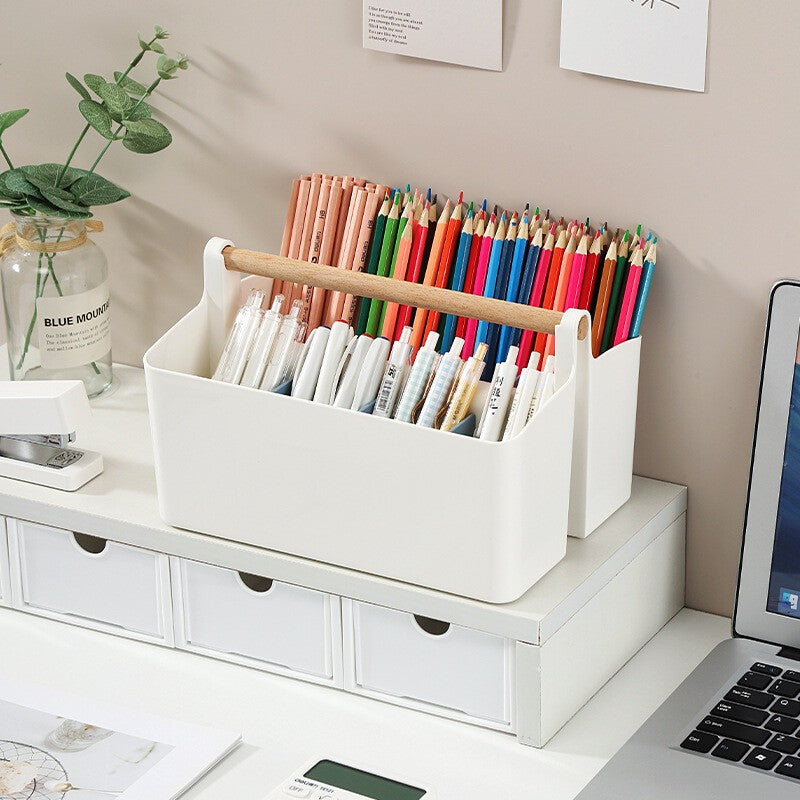Stationery Pen Compartment Storage Box Wooden Handle Remote Control Storage Box