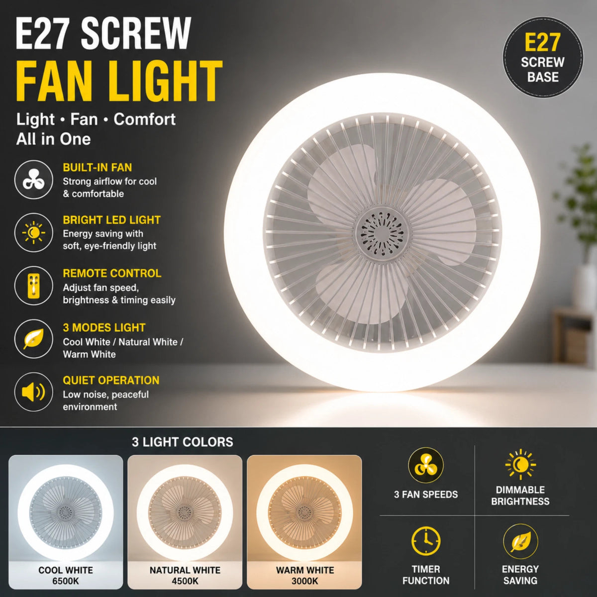 3 in 1 Rotatable E27 Socket Adapter Ceiling Fan Light Remote Control Home Lamp
