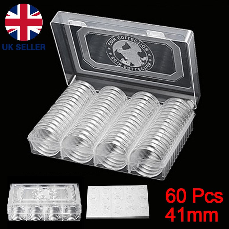 60Pcs 40mm Clear Storage Box Coin Capsules Holder Case Container Kits