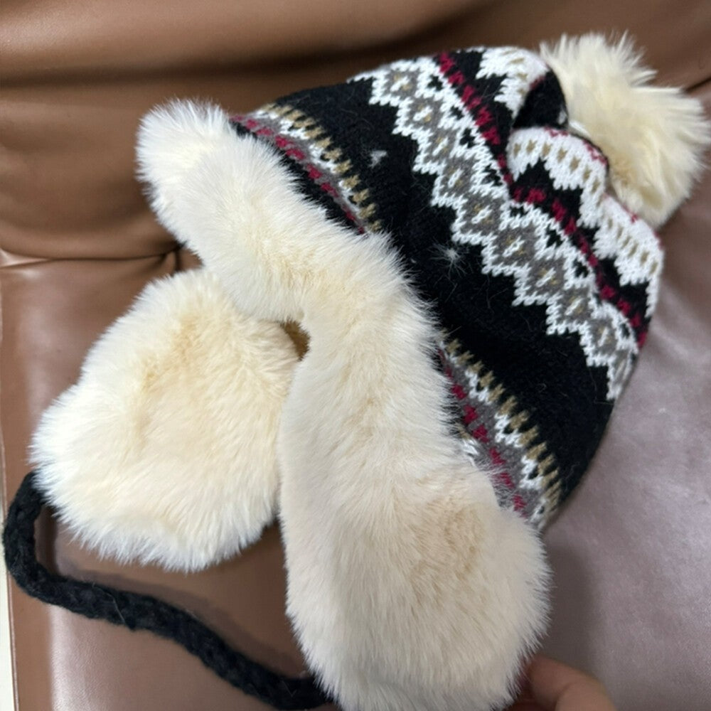 Ladies Warm Beanie Cap Knitted Bobble Hat with Ear Flaps Winter Trapper Hat
