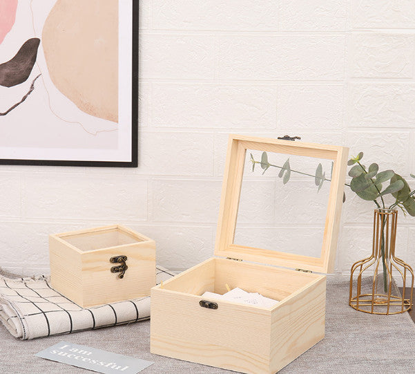 2PCS Unfinished Wooden Display Box with Hinged Lid for DIY Craft Beige