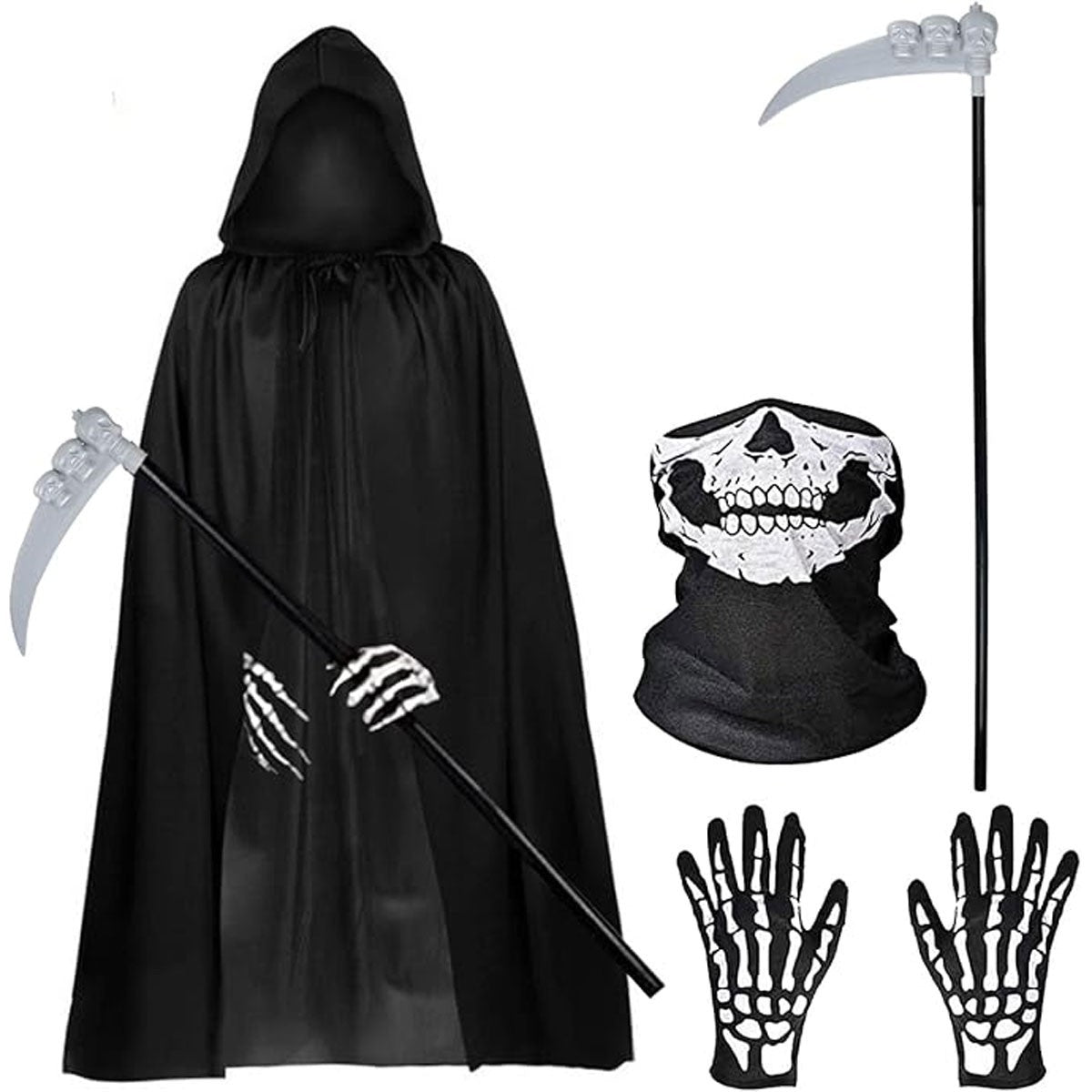 2026 New Adult Grim Reaper Costume Black Hooded Cloak Mask Gloves Scythe Set UK