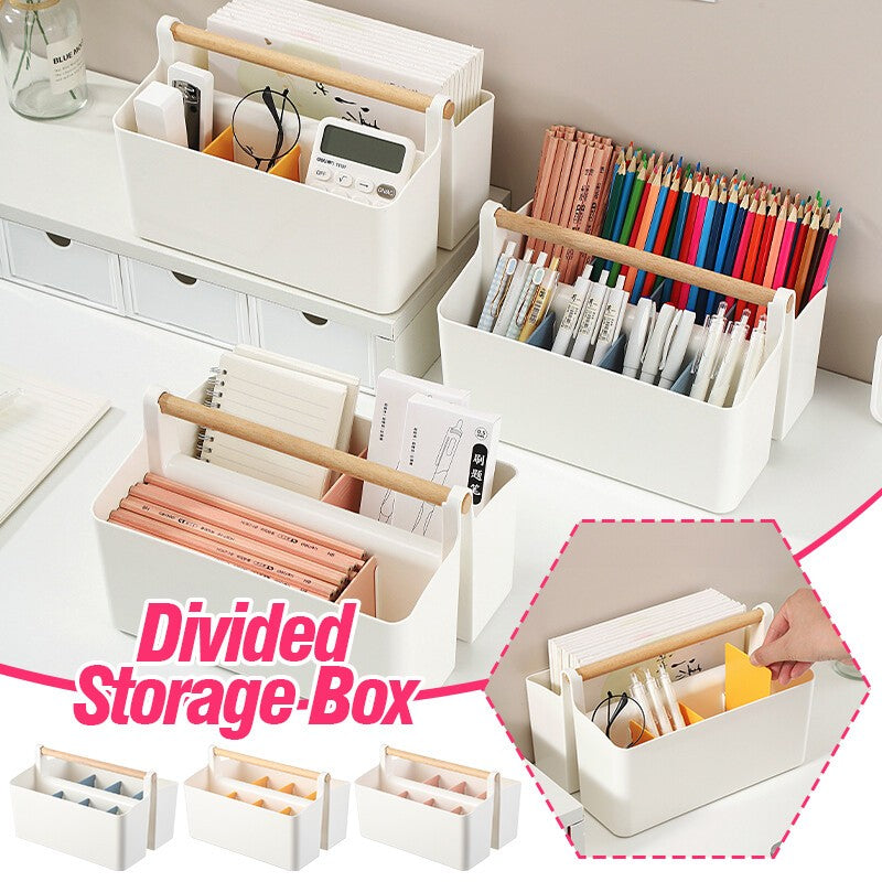 Stationery Pen Compartment Storage Box Wooden Handle Remote Control Storage Box