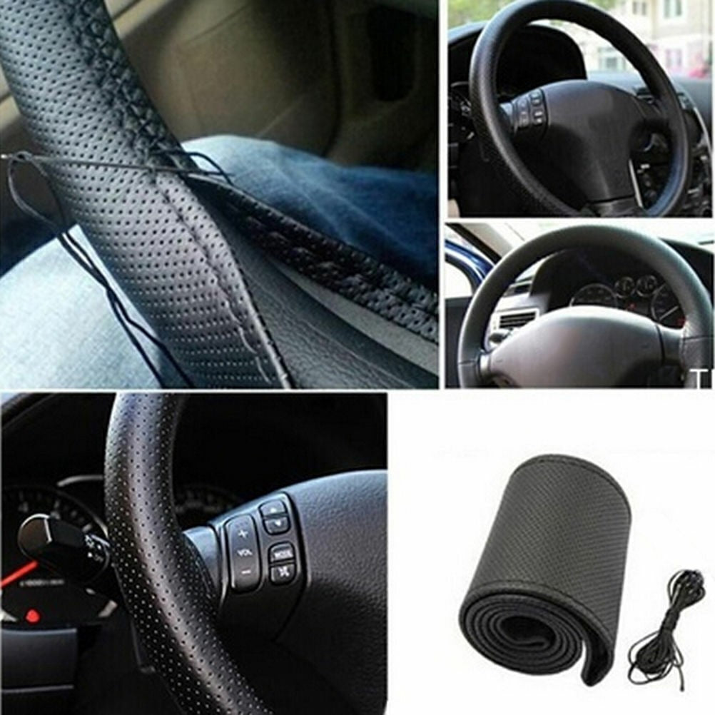 New Leather DIY Car Steering Wheel Cover Anti-slip For 15"/38 cm Dia Black