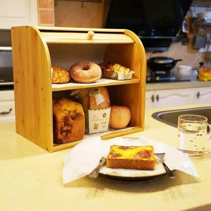 2 Tiers Slide Roll Top Bread Bin Double Layer Food Storage Box Kitchen Rack