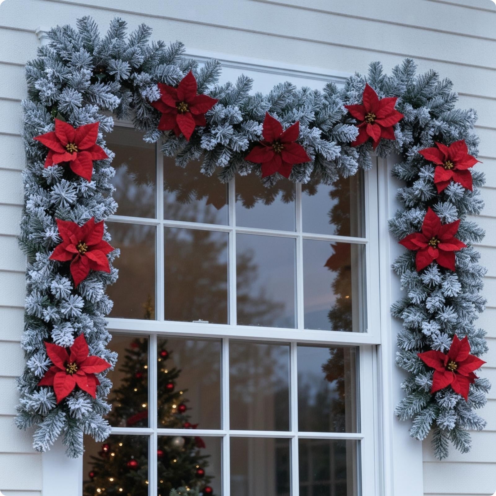 Fir Garland with Poinsettias Winter Decorations Flexible for Mantel