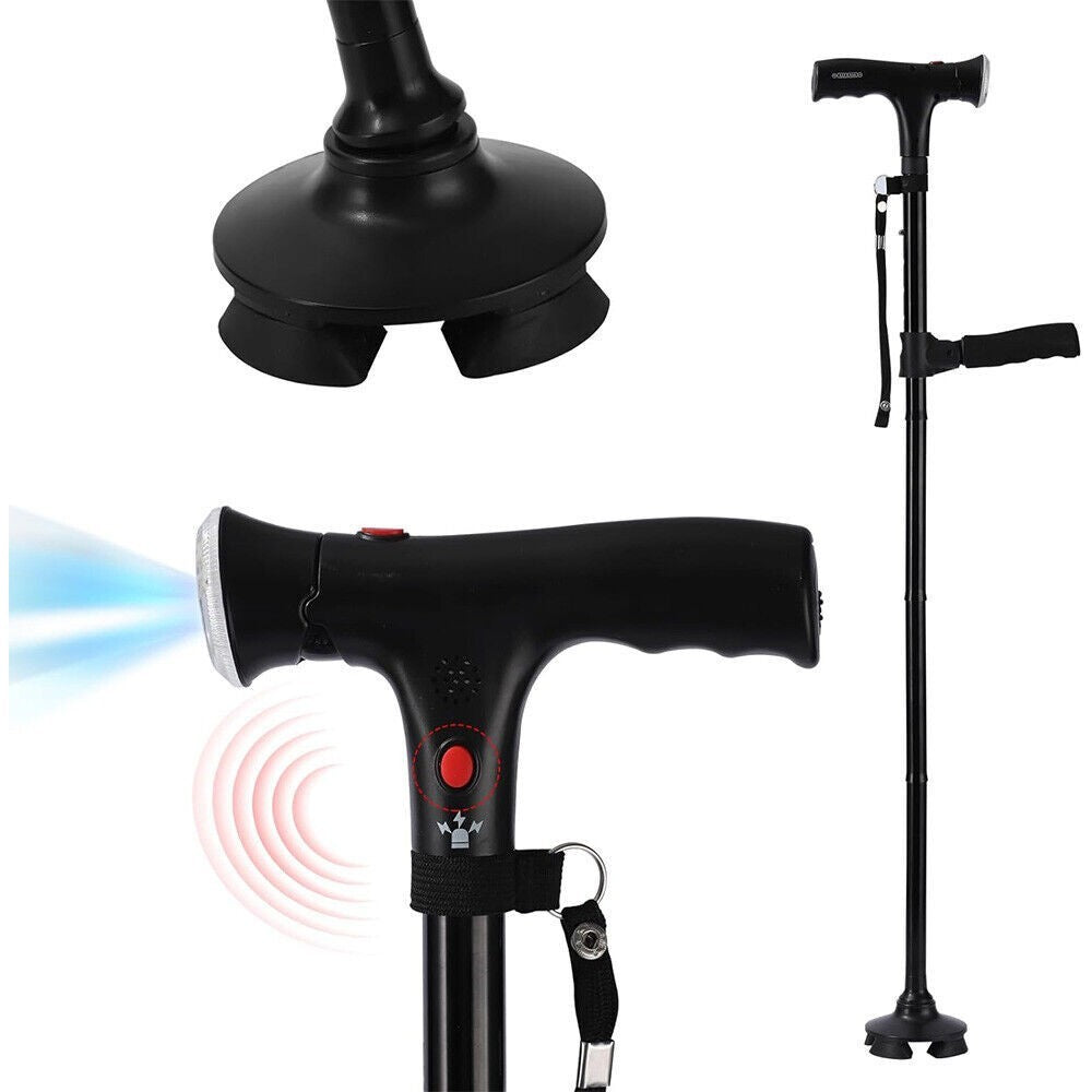 Elder Folding Walking Stick Walking Cane Height Adjustable LED Light Alarm