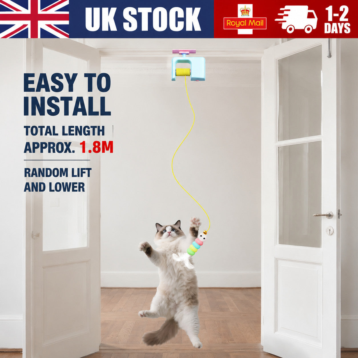 Hanging Cat Toy Retractable Door Rope Interactive Cat Teaser Play Stick UK